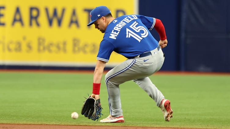 Sep 24, 2023; St. Petersburg, Florida, USA; Toronto Blue Jays second baseman Whit Merrifield (15)