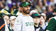 Aug 30, 2025; Seattle, Washington, USA; Colorado State Rams head coach Jay Norvell stands on the sideline during the second quarter against the Washington Huskies at Husky Stadium. Mandatory Credit: Joe Nicholson-Imagn Images