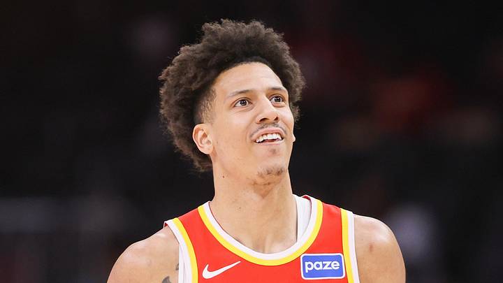 Atlanta Hawks forward Jalen Johnson (1) reacts after a shot against the Milwaukee Bucks in the first quarter at State Farm Arena on March 14, 2026. 