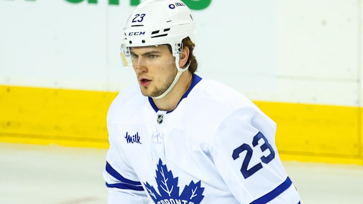 Feb 2, 2026; Calgary, Alberta, CAN; Toronto Maple Leafs left wing Matthew Knies (23) skates during the warmup period against the Calgary Flames at Scotiabank Saddledome. Mandatory Credit: Sergei Belski-Imagn Images