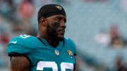 Aug 25, 2018; Jacksonville, FL, USA; Jacksonville Jaguars safety Tashaun Gipson (39) looks on prior to the game against the Atlanta Falcons at TIAA Bank Field. Mandatory Credit: Douglas DeFelice-USA TODAY Sports