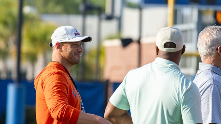 Florida head coach Jon Sumrall watches defensive drills during spring practice at Sanders Practice Fields in Gainesville, FL on Tuesday, March 31, 2026. [Alan Youngblood/Gainesville Sun]