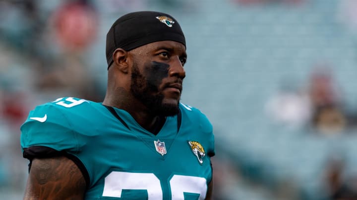 Aug 25, 2018; Jacksonville, FL, USA; Jacksonville Jaguars safety Tashaun Gipson (39) looks on prior to the game against the Atlanta Falcons at TIAA Bank Field. Mandatory Credit: Douglas DeFelice-USA TODAY Sports