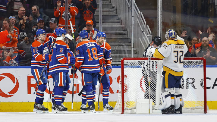 Jan 27, 2024; Edmonton, Alberta, CAN; The Edmonton Oilers celebrate a goal scored by forward Leon