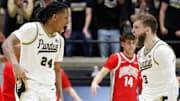 Purdue Boilermakers guard Gicarri Harris (24) celebrates with guard Braden Smith (3)