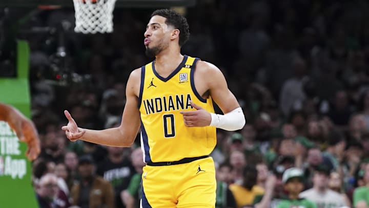 May 21, 2024; Boston, Massachusetts, USA; Indiana Pacers guard Tyrese Haliburton (0) reacts after his three point basket against the Boston Celtics in the second quarter during game one of the eastern conference finals for the 2024 NBA playoffs at TD Garden. Mandatory Credit: David Butler II-Imagn Images