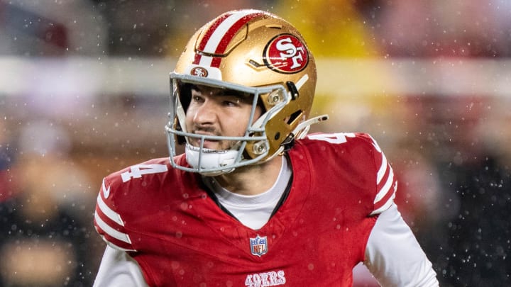 January 20, 2024; Santa Clara, CA, USA; San Francisco 49ers place kicker Jake Moody (4) during the second quarter in a 2024 NFC divisional round game against the Green Bay Packers at Levi's Stadium. Mandatory Credit: Kyle Terada-USA TODAY Sports