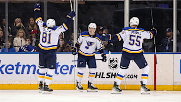 Nov 25, 2024; New York, New York, USA; St. Louis Blues center Zack Bolduc (76) celebrates his goal with center Dylan Holloway (81) and defenseman Colton Parayko (55) during the second period against the New York Rangers at Madison Square Garden. Mandatory Credit: Danny Wild-Imagn Images