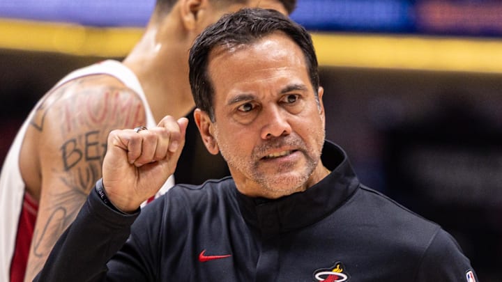 Miami Heat Head Coach Erik Spoelstra reacts (Mandatory Credit: Stephen Lew-Imagn Images)