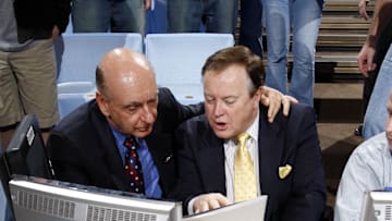 Feb 6, 2008, Chapel Hill, NC, USA; ESPN announcer Dick Vitale and Mike Patrick get ready before the game between the North Carolina Tar Heels and Duke Blue Devils at the Smith Center. 