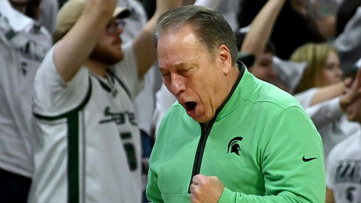 Feb 10, 2024; East Lansing, Michigan, USA;  Michigan State Spartans head coach Tom Izzo celebrates near the end of the game against the Illinois Fighting Illini at Jack Breslin Student Events Center. Mandatory Credit: Dale Young-USA TODAY Sports