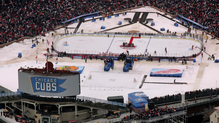 Jan 1, 2009; Chicago, IL, USA; An aerial view of Wrigley Field as the Chicago Blackhawks take on the Detroit Red Wings during the 2009 Winter Classic.