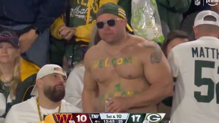 A shirtless Packers fan in September doesn’t impress Al Michaels. A shirtless Packers fan in September doesn’t impress Al Michaels.