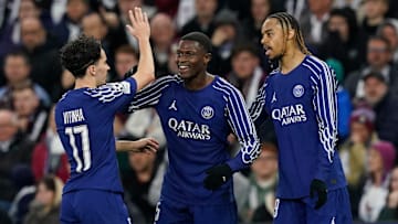 The goal Nuno Mendes (center) scored at Villa Park sent PSG through to the semifinals.