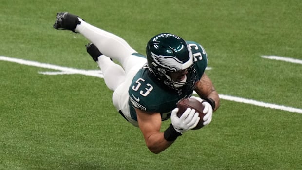 Philadelphia Eagles linebacker Zack Baun makes an interception in Super Bowl LIX