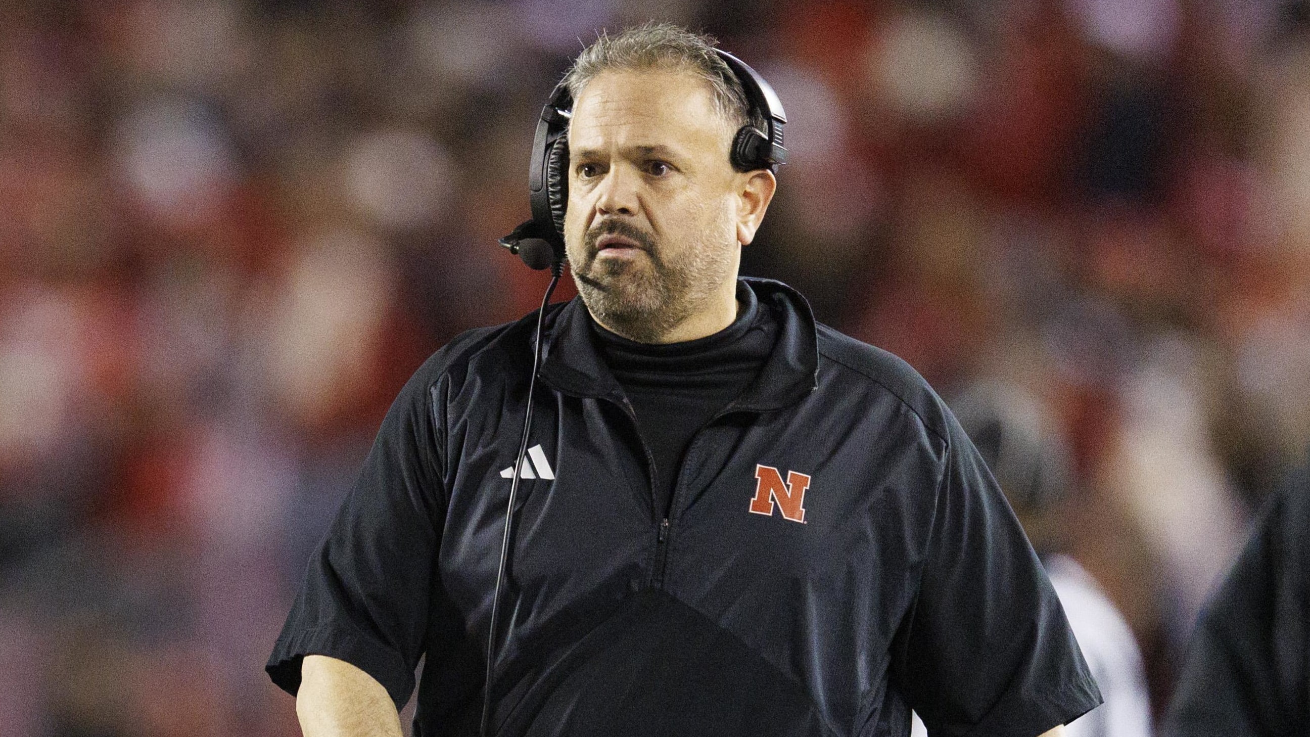 Nebraska Cornhuskers head coach Matt Rhule on the sideline during a college football game in the Big Ten.