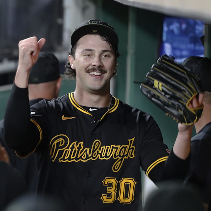 Pittsburgh Pirates pitcher Paul Skenes reacts after pitching against the Miami Marlins at PNC Park on Sept. 9, 2024.