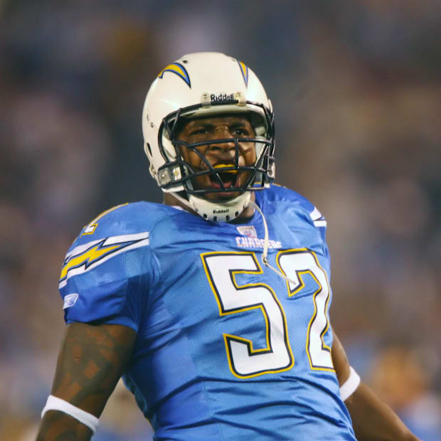 San Diego Chargers linebacker Carlos Polk celebrates against the Indianapolis Colts.