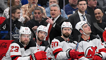 New Jersey Devils head coach Sheldon Keefe against the Toronto Maple Leafs: Dan Hamilton-Imagn Images