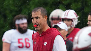 Wisconsin football head coach Luke Fickell observes practice Wednesday, July 30, 2025, at Ralph E. Davis Pioneer Stadium in Platteville, Wisconsin.