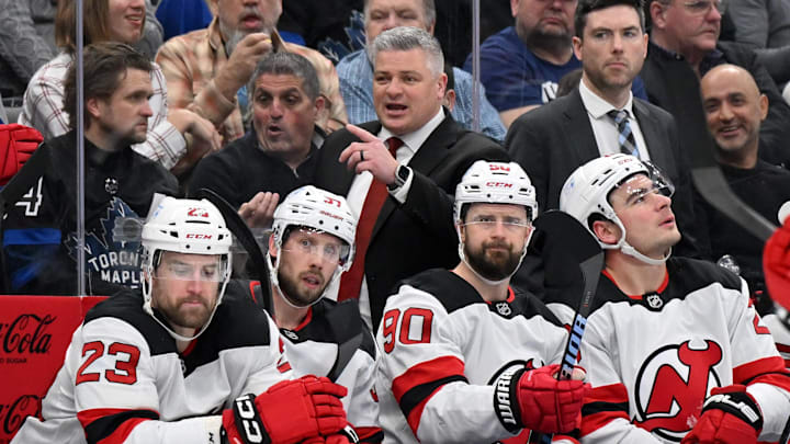 New Jersey Devils head coach Sheldon Keefe against the Toronto Maple Leafs: Dan Hamilton-Imagn Images