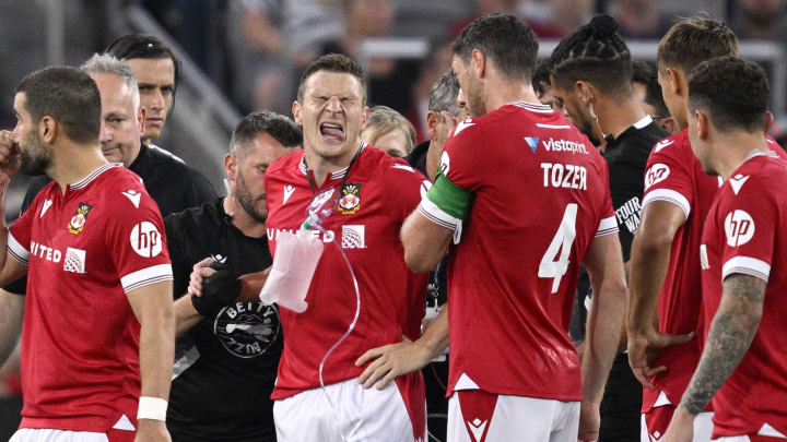 Jul 25, 2023: Wrexham forward Paul Mullin reacts after an injury during the first half against Manchester United at Snapdragon Stadium.