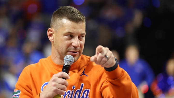 New Gator head football coach Jon Sumrall fires up the crowd during the first half an NCAA basketball game at Steven C. O'Connell Center Exactek arena in Gainesville, FL on Saturday, January 24, 2026. Students, who get in free, have a limited number of seats so many camp out overnight. [Alan Youngblood/Gainesville Sun]
