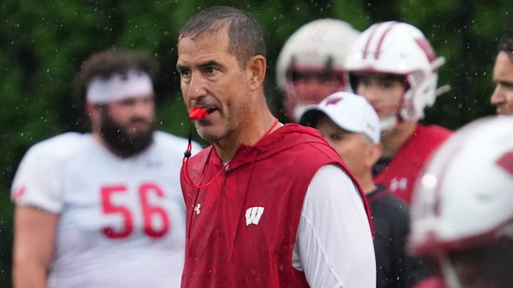 Wisconsin football head coach Luke Fickell observes practice, July 30, 2025, at Ralph E. Davis Pioneer Stadium in Platteville, Wisconsin.