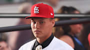 Jul 14, 2024; Ft. Worth, TX, USA;  JJ Wetherholt reacts after being selected by the St. Louis Cardinals as the seventh player taken during the first round of the MLB Draft at Cowtown Coliseum. Mandatory Credit: Kevin Jairaj-Imagn Images