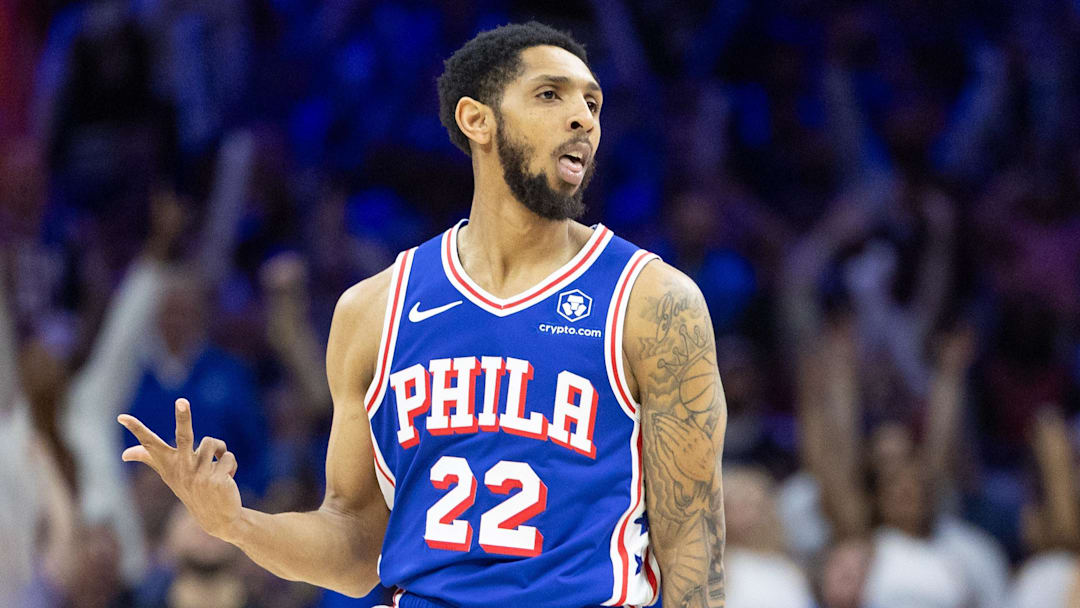 Apr 17, 2024; Philadelphia, Pennsylvania, USA; Philadelphia 76ers guard Cameron Payne (22) reacts to his three pointer against the Miami Heat during the third quarter of a play-in game of the 2024 NBA playoffs at Wells Fargo Center. Mandatory Credit: Bill Streicher-Imagn Images