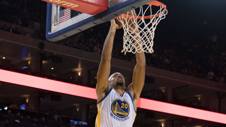 April 12, 2017; Oakland, CA, USA; Golden State Warriors forward James Michael McAdoo (20) during the fourth quarter against the Los Angeles Lakers at Oracle Arena. The Warriors defeated the Lakers 109-94. Mandatory Credit: Kyle Terada-USA TODAY Sports