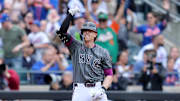May 31, 2025; New York City, New York, USA; New York Mets third baseman Brett Baty (7) celebrates his three run triple against the Colorado Rockies during the first inning at Citi Field. Mandatory Credit: Brad Penner-Imagn Images
