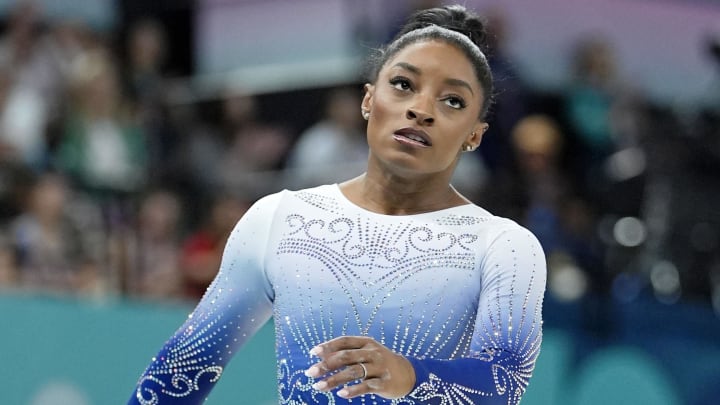 Simone Biles of the United States reacts after competing at the Paris 2024 Olympic Summer Games.