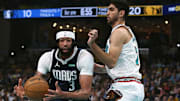 Apr 18, 2025; Memphis, Tennessee, USA; Dallas Mavericks forward Anthony Davis (3) drives to the basket against Memphis Grizzlies forward Santi Aldama (7) during the first quarter at FedExForum. Mandatory Credit: Petre Thomas-Imagn Images
