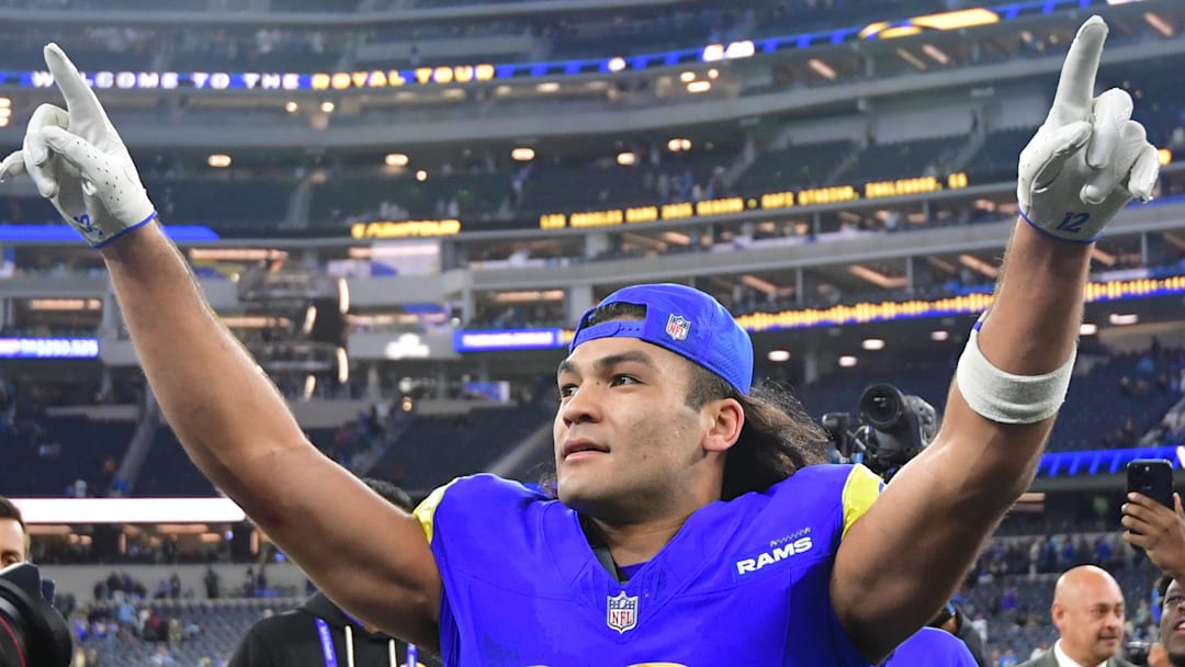 Dec 14, 2025; Inglewood, California, USA; Los Angeles Rams wide receiver Puka Nacua (12) celebrates after defeating the Detroit Lions at SoFi Stadium. Mandatory Credit: Gary A. Vasquez-Imagn Images