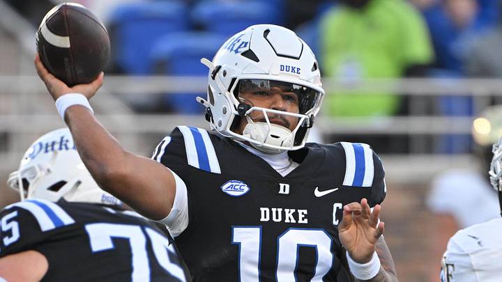 Nov 29, 2025; Durham, North Carolina, USA;  Duke Blue Devils quarter back Darian Mensah (10) throws a pass during the first quarter against the Wake Forest Demon Deacons at Wallace Wade Stadium. Mandatory Credit: Zachary Taft-Imagn Images