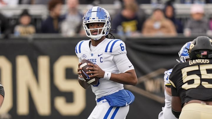 Nov 30, 2024; Winston-Salem, North Carolina, USA; Duke Blue Devils quarterback Maalik Murphy (6) drops back to pass against the Wake Forest Demon Deacons during the second half at Allegacy Federal Credit Union Stadium. Mandatory Credit: Jim Dedmon-Imagn Images Nov 30, 2024; Winston-Salem, North Carolina, USA; Duke Blue Devils quarterback Maalik Murphy (6) drops back to pass against the Wake Forest Demon Deacons during the second half at Allegacy Federal Credit Union Stadium. Mandatory Credit: Jim Dedmon-Imagn Images