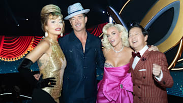 THE MASKED SINGER: L-R: Rita Ora, Robin Thicke, Jenny McCarthy Wahlberg and Ken Jeong in the THE MASKED SINGER episode "Rat Pack Tribute" airing Wednesday, Feb. 26 (8:00-9:02 PM ET/PT) on FOX. CR: Michael Becker. ©2025 FOX Media LLC.