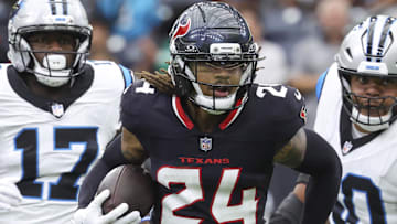  Houston Texans cornerback Derek Stingley Jr. (24) runs with the ball during the first quarter against the Carolina Panthers at NRG Stadium.