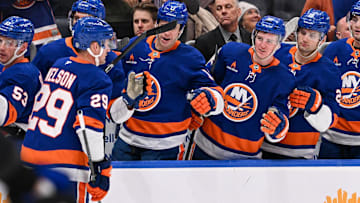 Nov 27, 2024; Elmont, New York, USA;  New York Islanders center Brock Nelson (29) celebrates his second goal of the game against the Boston Bruins during the second period at UBS Arena. Mandatory Credit: Dennis Schneidler-Imagn Images