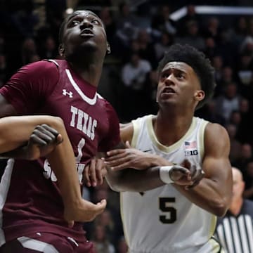 Purdue Boilermakers forward Trey Kaufman-Renn and guard Myles Colvin box out Texas Southern Tigers forward Kenny Hunter