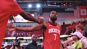 Nov 16, 2025; Houston, Texas, USA; Houston Rockets forward Kevin Durant (7) walks off the court after the game against the Orlando Magic at Toyota Center. Mandatory Credit: Troy Taormina-Imagn Images