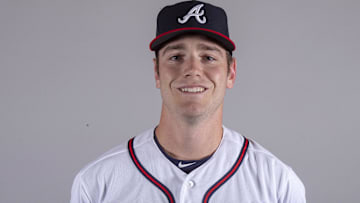 Former Atlanta Braves starting pitcher Joey Wentz (80) poses for a photo during media day  at Champions Stadium.