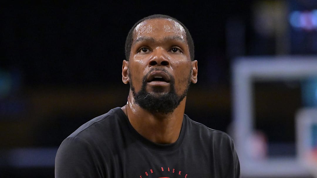 Apr 21, 2026; Los Angeles, California, USA; Houston Rockets forward Kevin Durant (7) warms up prior to game two of the first round of the 2026 NBA Playoffs against the Los Angeles Lakers at Crypto.com Arena. Mandatory Credit: Jayne Kamin-Oncea-Imagn Images