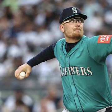Seattle Mariners starting pitcher Logan Evans (73) pitches in the first inning against the New York Yankees at Yankee Stadium on July 9. 