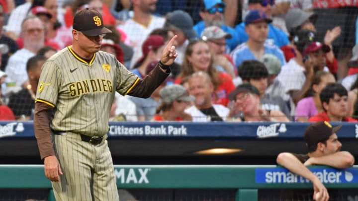 Jun 17, 2024; Philadelphia, Pennsylvania, USA; San Diego Padres manager Mike Shildt (8) walks to the mound to make a pitching change during the fifth inning against the Philadelphia Phillies at Citizens Bank Park. Mandatory Credit: Eric Hartline-USA TODAY Sports