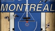 Oct 24, 2014; Montreal, Quebec, CAN; An overhead view of the game between the Toronto Raptors and the New York Knicks during the second half at the Bell Centre. Mandatory Credit: Eric Bolte-USA TODAY Sports