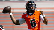 Oregon State's Maalik Murphy throws the ball during the Oregon State Spring Game at Reser Stadium on Saturday, April 19, 2025, in Corvallis, Ore.