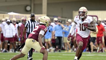 Apr 20, 2024; Tallahassee, Florida, USA; Florida State Seminoles wide receiver Malik Benson (10) runs with the ball during the Spring Showcase at Doak S. Campbell Stadium. Mandatory Credit: Melina Myers-USA TODAY Sports