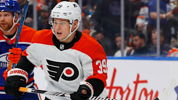 Oct 15, 2024; Edmonton, Alberta, CAN; Philadelphia Flyers forward Matvei Michkov (39) follows the play against the Edmonton Oilers at Rogers Place. Mandatory Credit: Perry Nelson-Imagn Images